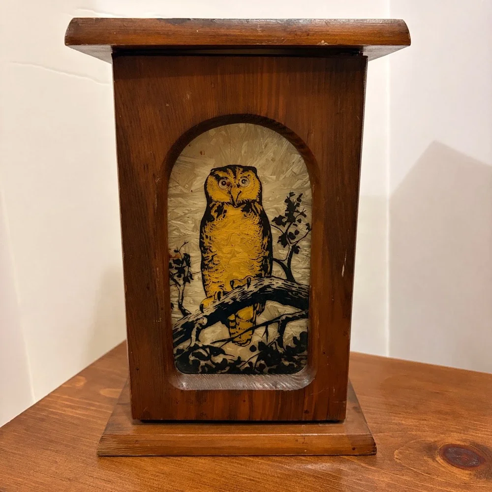 Vintage Rustic Wood Owl‎ Lantern Candle Holder Box Mirror Interior Amber Glow
